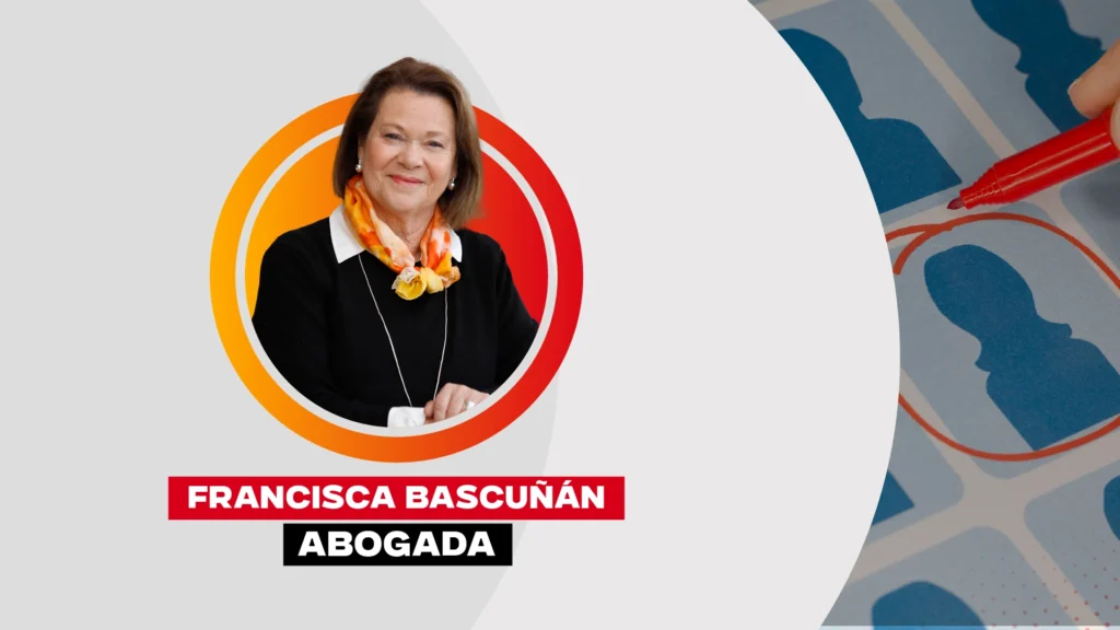 Retrato de profesional encargada de convivencia escolar junto a ilustración de selección de personal educativo