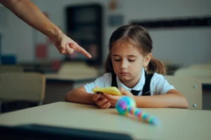 Una mano adulta señalando el smartphone de una niña en un aula, ilustrando el debate sobre prohibir celulares en colegios.