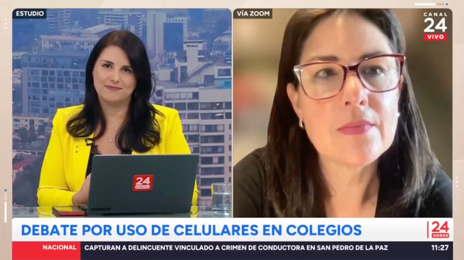 Debate televisivo en Canal 24 Horas sobre el uso de celulares en colegios, con participación de Soledad Garcés.